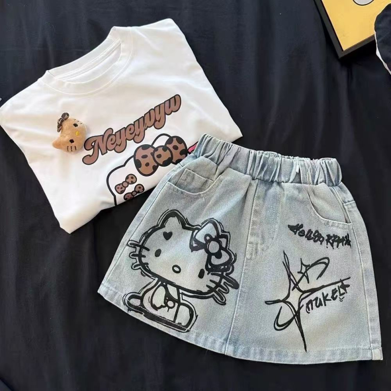 Set za djevojčice: majica s karikaturom i denim suknja, ljeto, pamuk 90%, uzrast 3–8 godina