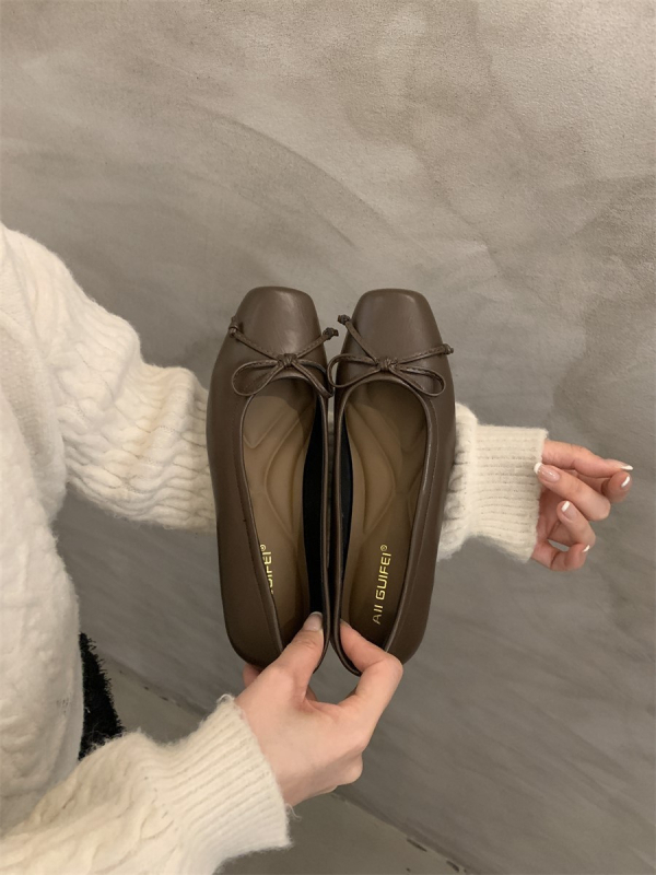 Pantofi plat în stil coreean, fundă și vârf pătrat — partea superioară PU, talpă din cauciuc, toc mic