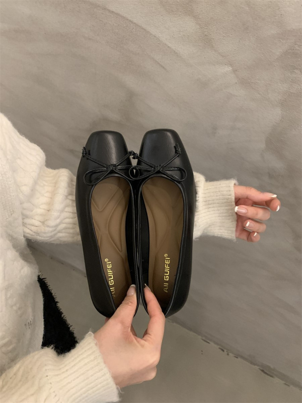 Pantofi plat în stil coreean, fundă și vârf pătrat — partea superioară PU, talpă din cauciuc, toc mic