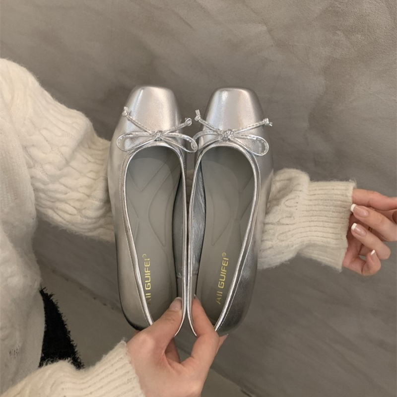Pantofi plat în stil coreean, fundă și vârf pătrat — partea superioară PU, talpă din cauciuc, toc mic