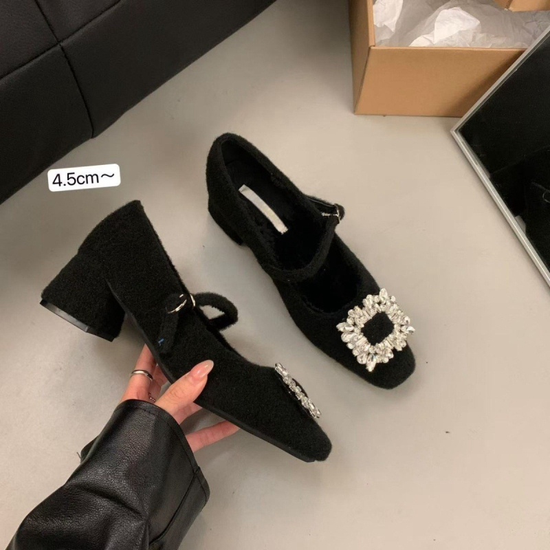 Női Mary Jane cipők, négyszögletes orrú, velúr felsőrész, közepes sarok 3-5 cm, gumi talp
