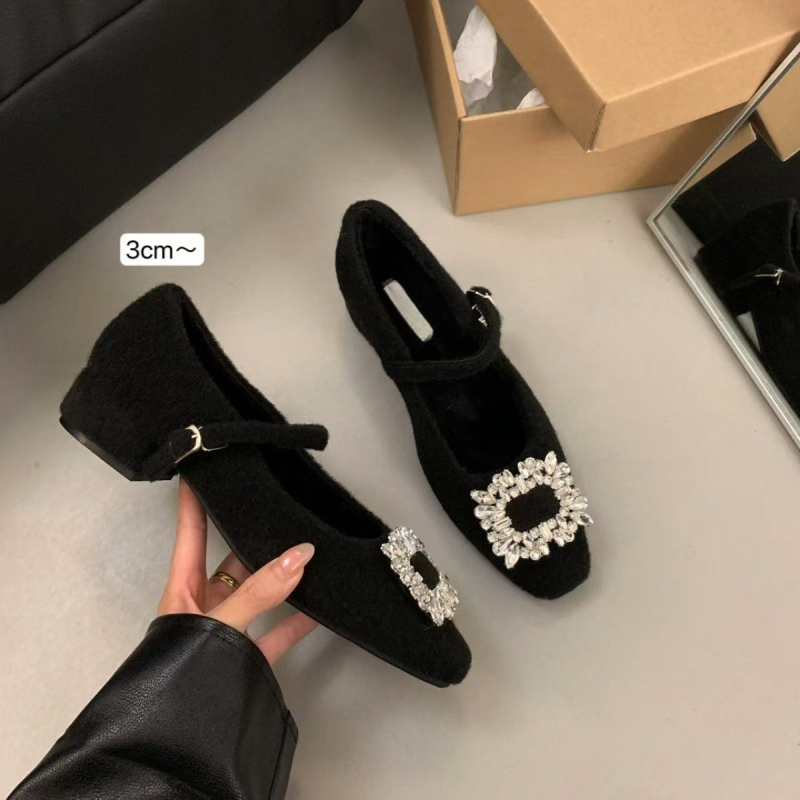 Női Mary Jane cipők, négyszögletes orrú, velúr felsőrész, közepes sarok 3-5 cm, gumi talp