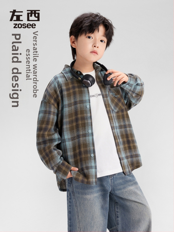 Παιδικό καρό πουκάμισο για αγόρια, μακριά μανίκια, με γιακά τύπου λάπελ, πολυεστερικό ύφασμα, φθινοπωρο 2025