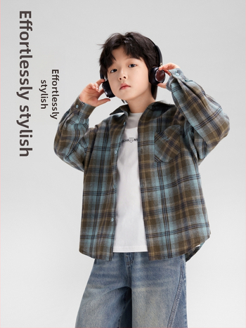 Παιδικό καρό πουκάμισο για αγόρια, μακριά μανίκια, με γιακά τύπου λάπελ, πολυεστερικό ύφασμα, φθινοπωρο 2025