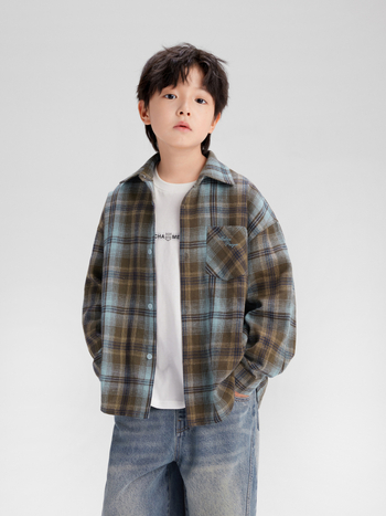 Παιδικό καρό πουκάμισο για αγόρια, μακριά μανίκια, με γιακά τύπου λάπελ, πολυεστερικό ύφασμα, φθινοπωρο 2025