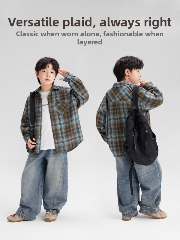 Παιδικό καρό πουκάμισο για αγόρια, μακριά μανίκια, με γιακά τύπου λάπελ, πολυεστερικό ύφασμα, φθινοπωρο 2025