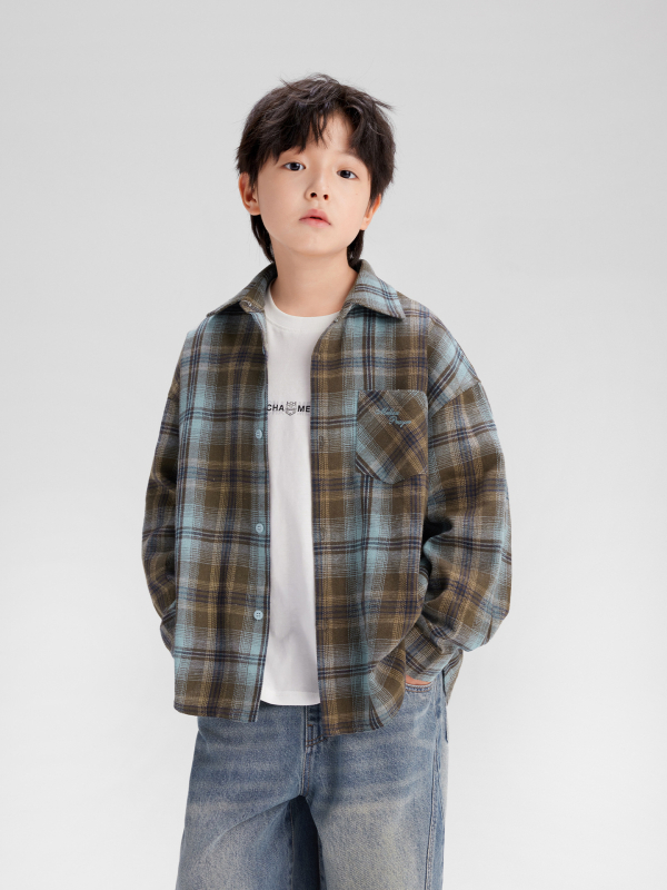 Παιδικό καρό πουκάμισο για αγόρια, μακριά μανίκια, με γιακά τύπου λάπελ, πολυεστερικό ύφασμα, φθινοπωρο 2025