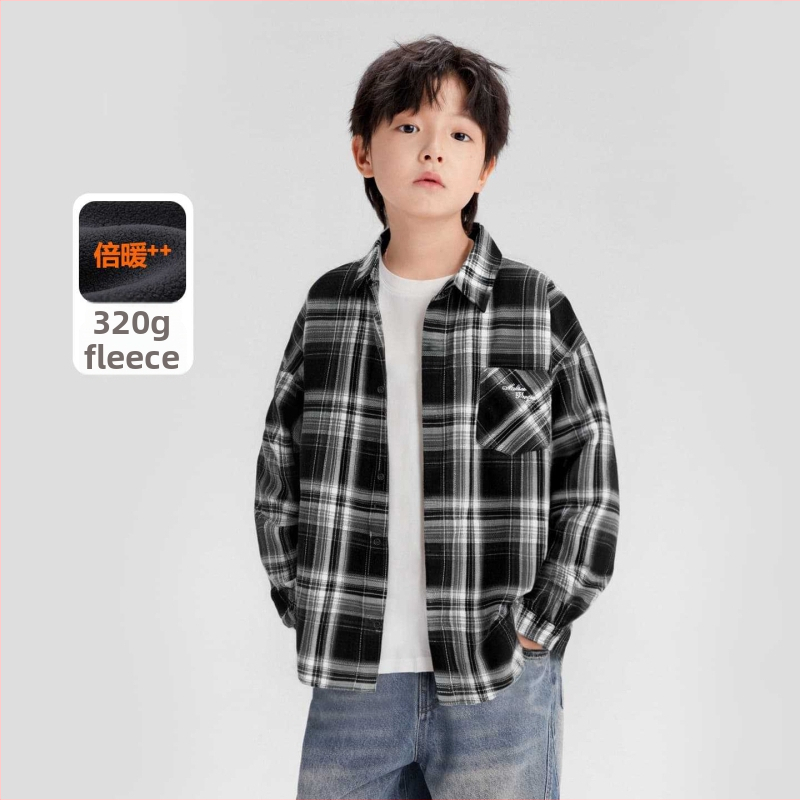 Παιδικό καρό πουκάμισο για αγόρια, μακριά μανίκια, με γιακά τύπου λάπελ, πολυεστερικό ύφασμα, φθινοπωρο 2025