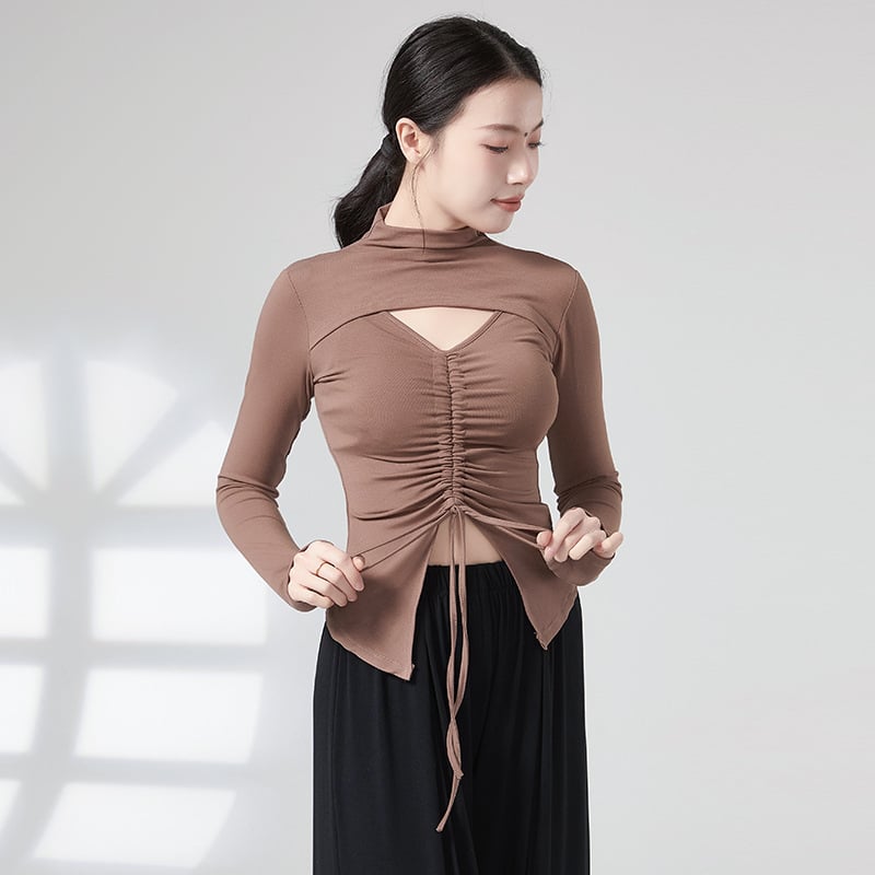 Дамски топ за танцова практика с връзка и цип, дълъг ръкав, телесно оформящ силует, материя: вискоза 93%