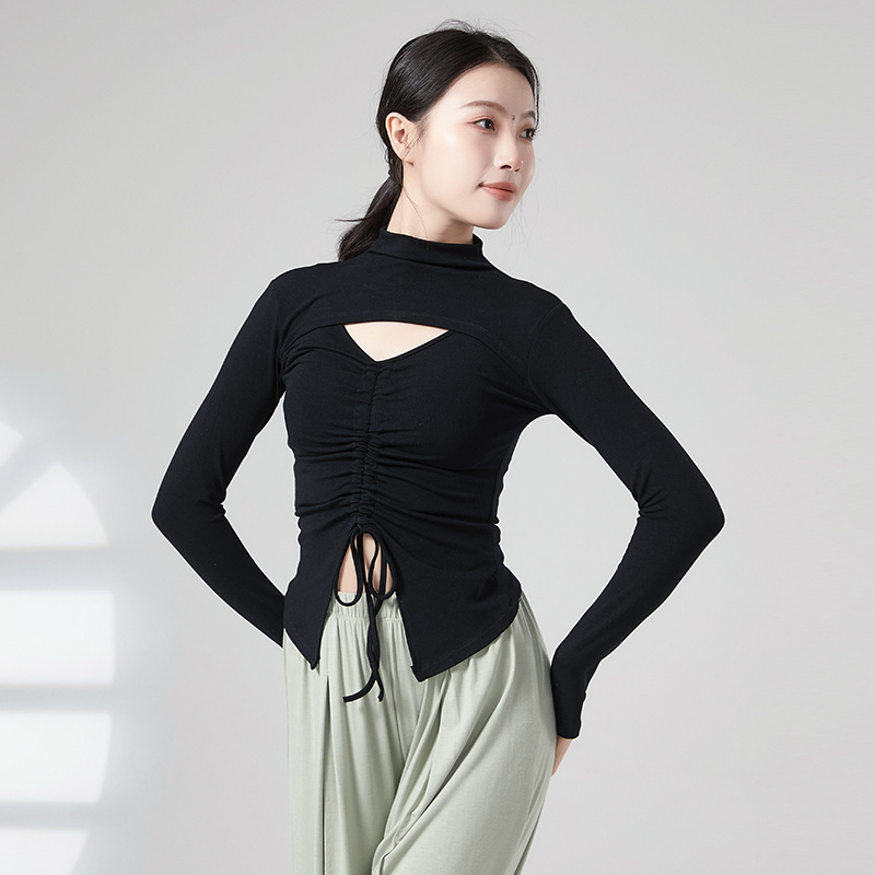 Дамски топ за танцова практика с връзка и цип, дълъг ръкав, телесно оформящ силует, материя: вискоза 93%