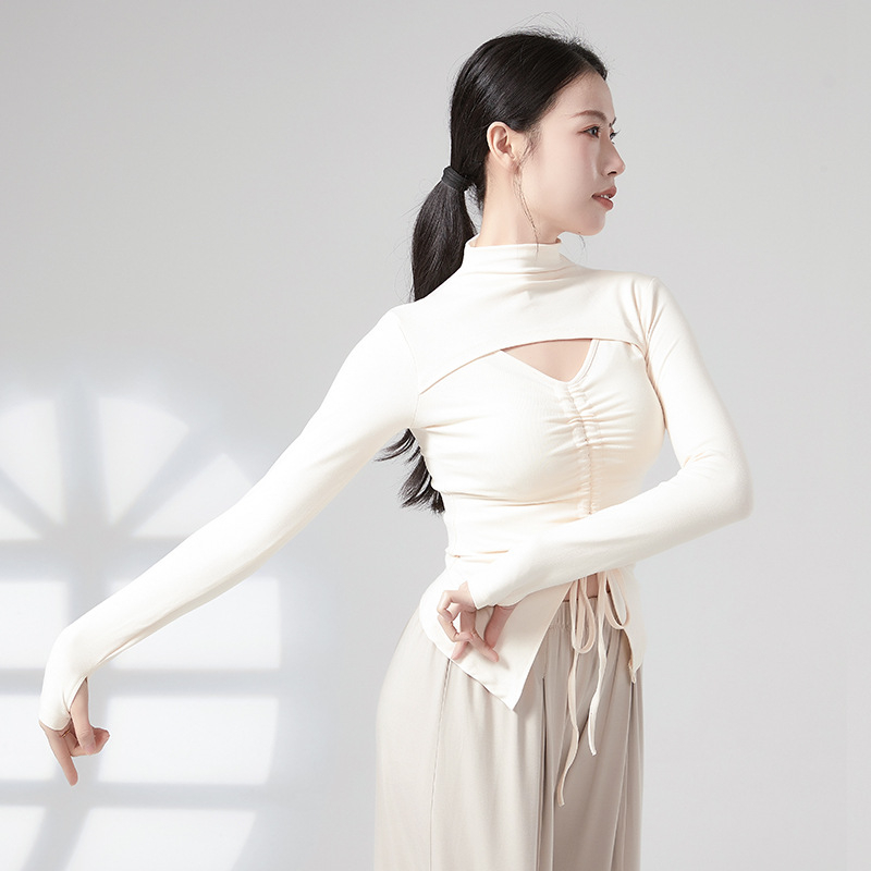 Дамски топ за танцова практика с връзка и цип, дълъг ръкав, телесно оформящ силует, материя: вискоза 93%