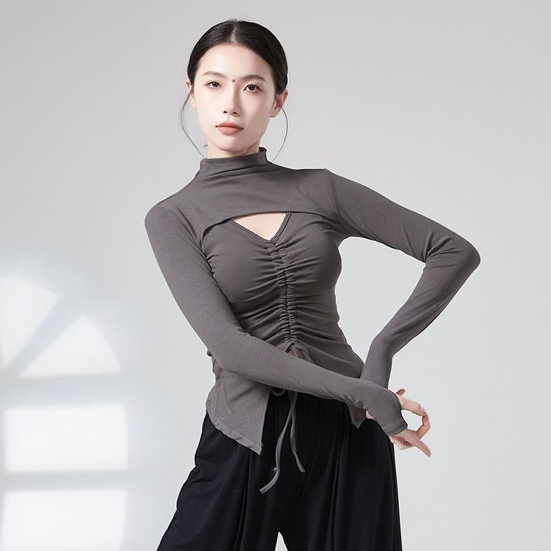 Дамски топ за танцова практика с връзка и цип, дълъг ръкав, телесно оформящ силует, материя: вискоза 93%