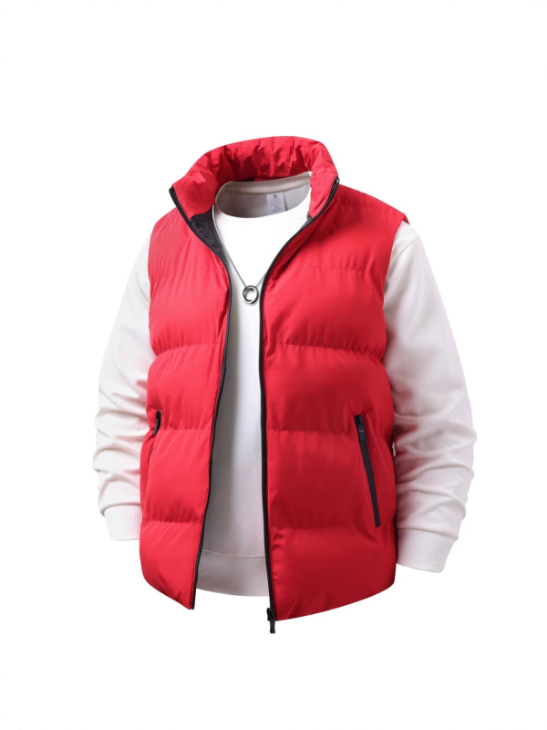 Мъжка зимна жилетка със стойкова яка, подплатена с флис, пълнеж от памук, полиестерна материя, ивици, джобове с цип