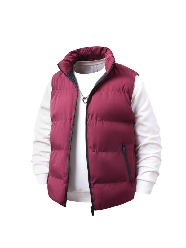 Мъжка зимна жилетка със стойкова яка, подплатена с флис, пълнеж от памук, полиестерна материя, ивици, джобове с цип