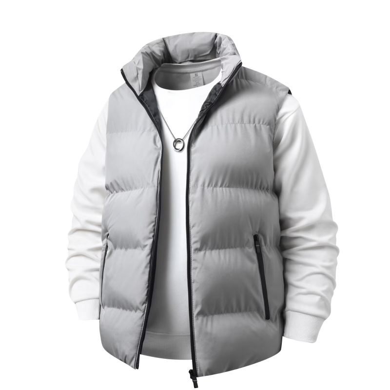 Мъжка зимна жилетка със стойкова яка, подплатена с флис, пълнеж от памук, полиестерна материя, ивици, джобове с цип