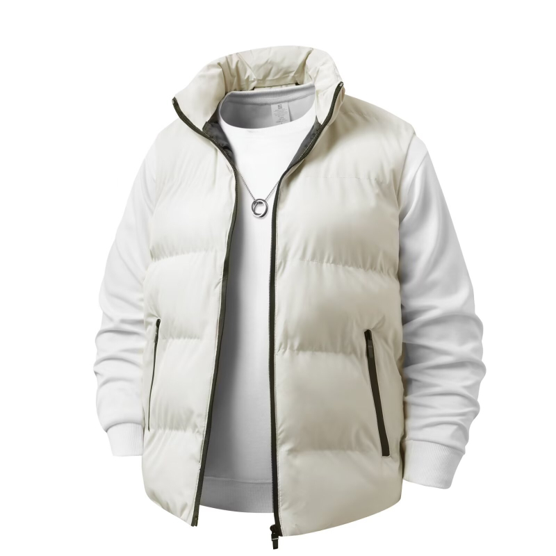 Мъжка зимна жилетка със стойкова яка, подплатена с флис, пълнеж от памук, полиестерна материя, ивици, джобове с цип