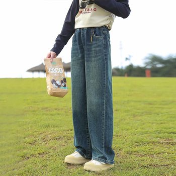 Mergaitėms platėji džinsai su elastine juosta, medvilnės mišinys 38,8%, švelni tekstūra, pavasario–rudens 2025