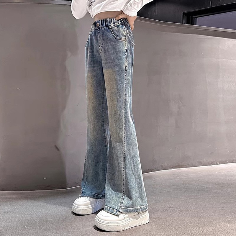 Mergaitėms platėji džinsai su elastine juosta, medvilnės mišinys 38,8%, švelni tekstūra, pavasario–rudens 2025