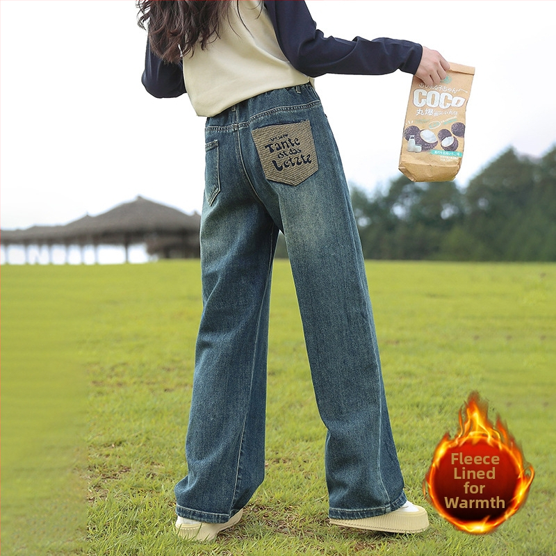 Mergaitėms platėji džinsai su elastine juosta, medvilnės mišinys 38,8%, švelni tekstūra, pavasario–rudens 2025