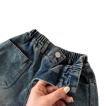 Vaikiški džinsai iš denimo, korėjietiško stiliaus, aukštas liemuo su elastiniu dirželiu, kišenės, vienos spalvos, 80% medvilnė