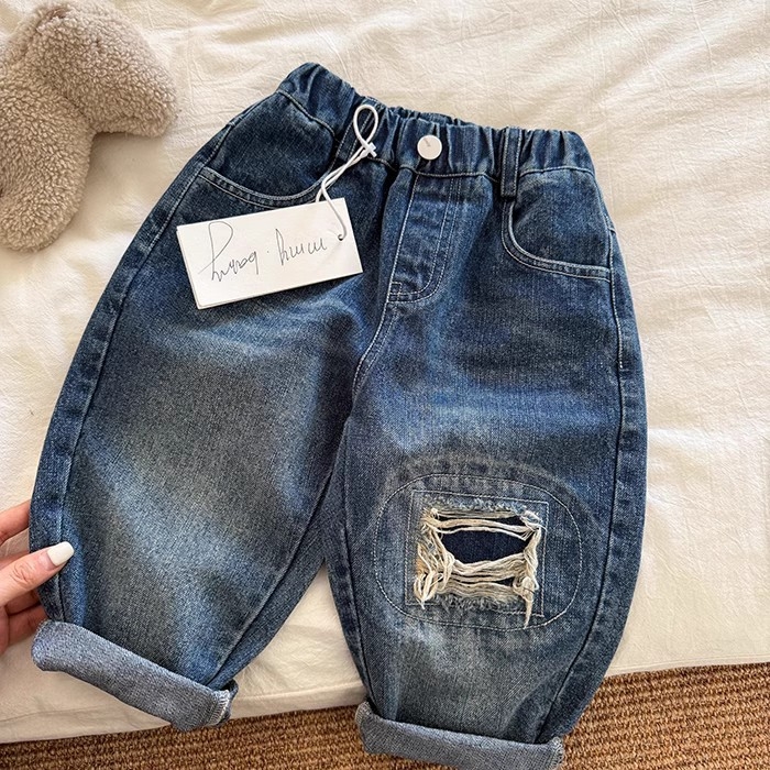 Vaikiški džinsai iš denimo, korėjietiško stiliaus, aukštas liemuo su elastiniu dirželiu, kišenės, vienos spalvos, 80% medvilnė