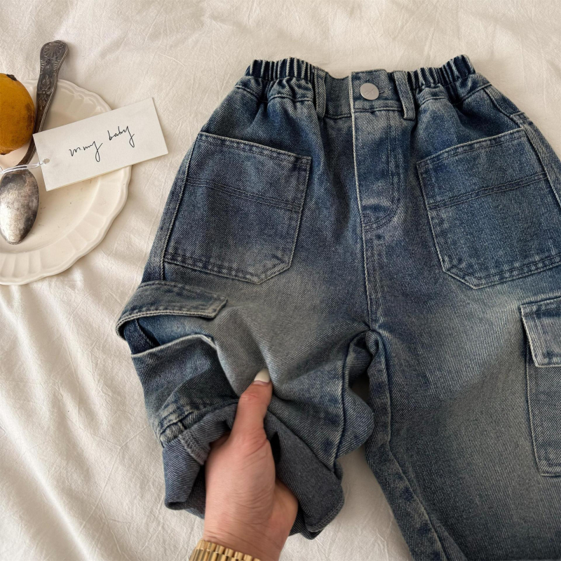 Vaikiški džinsai iš denimo, korėjietiško stiliaus, aukštas liemuo su elastiniu dirželiu, kišenės, vienos spalvos, 80% medvilnė