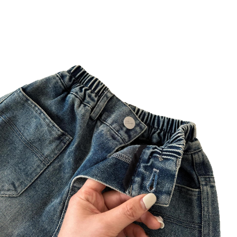 Vaikiški džinsai iš denimo, korėjietiško stiliaus, aukštas liemuo su elastiniu dirželiu, kišenės, vienos spalvos, 80% medvilnė