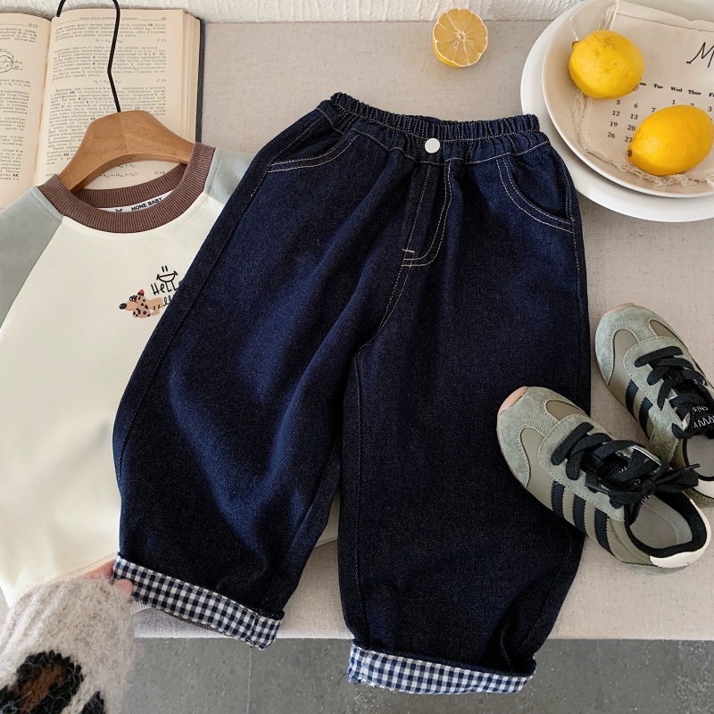 Vaikiški džinsai iš denimo, korėjietiško stiliaus, aukštas liemuo su elastiniu dirželiu, kišenės, vienos spalvos, 80% medvilnė