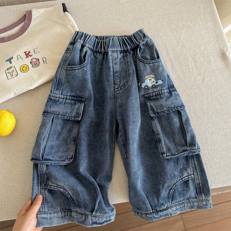 Vaikiški džinsai iš denimo, korėjietiško stiliaus, aukštas liemuo su elastiniu dirželiu, kišenės, vienos spalvos, 80% medvilnė