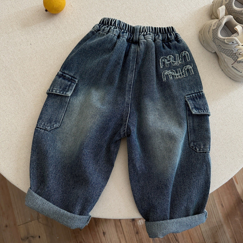 Vaikiški džinsai iš denimo, korėjietiško stiliaus, aukštas liemuo su elastiniu dirželiu, kišenės, vienos spalvos, 80% medvilnė