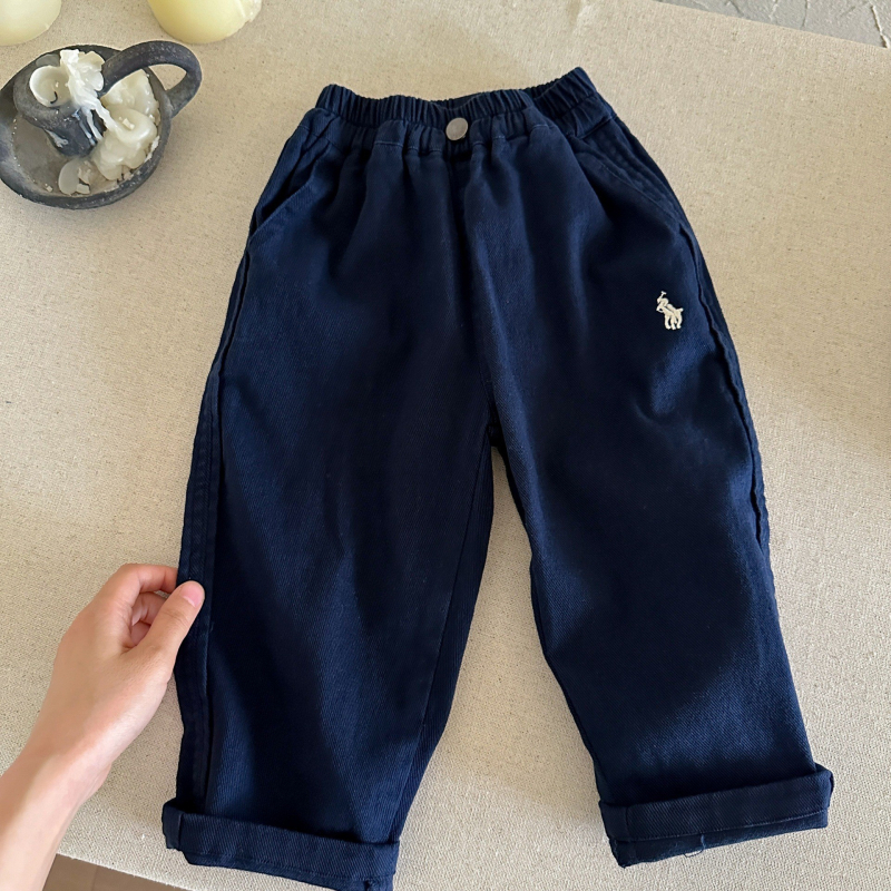 Vaikiški džinsai iš denimo, korėjietiško stiliaus, aukštas liemuo su elastiniu dirželiu, kišenės, vienos spalvos, 80% medvilnė