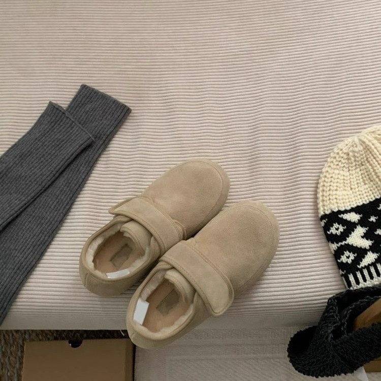 Ženske Mary Jane cipele u korejskom stilu, matirani gornji dio, zatvaranje na Velcro, plišana podstava, 3–5 cm visina peta, pogodne za zimu, proljeće i jesen