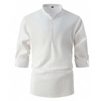 Мъжка риза от памук-ленен микс, стояща яка, дълъг ръкав, епаулет детайл, без нужда от гладене