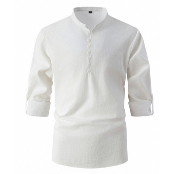 Мъжка риза от памук-ленен микс, стояща яка, дълъг ръкав, епаулет детайл, без нужда от гладене