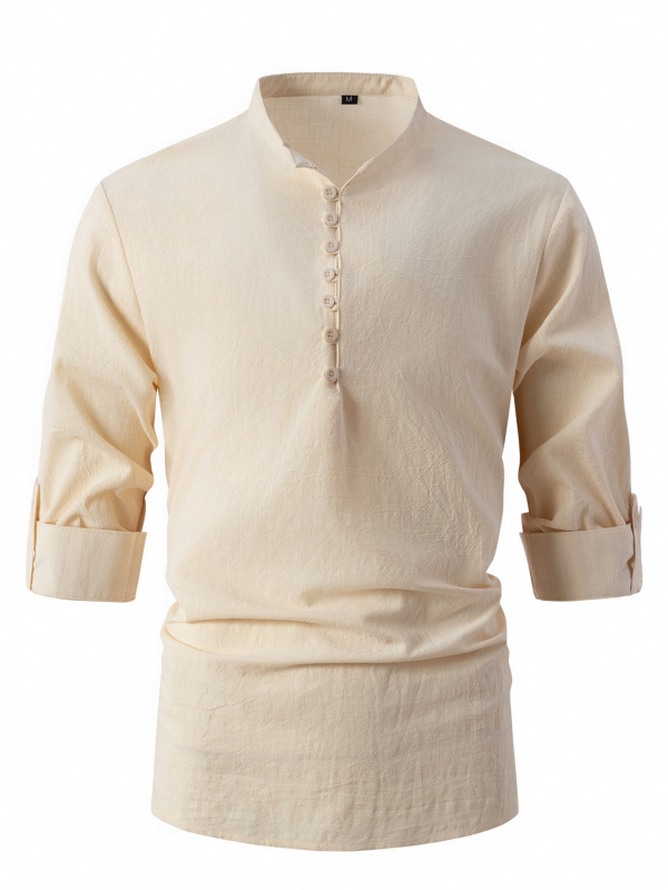 Мъжка риза от памук-ленен микс, стояща яка, дълъг ръкав, епаулет детайл, без нужда от гладене