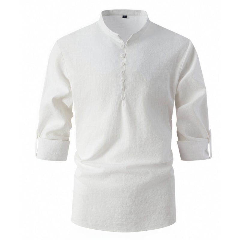 Мъжка риза от памук-ленен микс, стояща яка, дълъг ръкав, епаулет детайл, без нужда от гладене