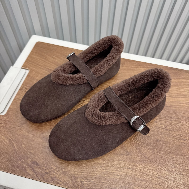 Ženske Mary Jane papuče s gornjim dijelom od velura, plišna unutarnja podstava, gumeni potplat, kopčanje kopčom — Zima 2025