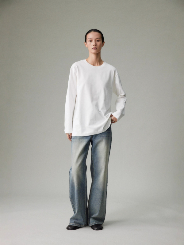 Pamukasto T-shirt s dugim rukavima, okrugli izrez, slobodan kroj, 95% pamuka