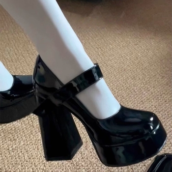 Mary Jane cipők csattal, szupermagas vastag sarok (>8 cm), PU felső, gumi talp