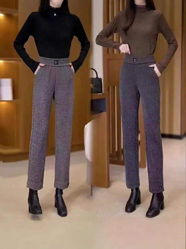 Γυναικείοι χειμωνιάτικοι παντελόνες με φλις επένδυση, ευρεία γραμμή, πολυεστέρας, μήκος 9/10, μικροελαστικότητα