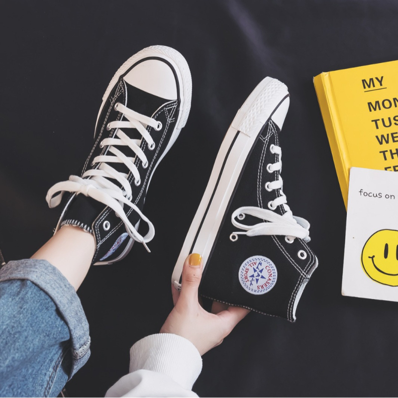 Kuangchao vyriški aukšti drobiniai sportbačiai - Korėjiečio stiliaus Ulzzang Harajuku retro, vidutinio aukščio, vulkanizuota gumos pada, raišteliai, EVA įdėklas, tinklinis pamušalas