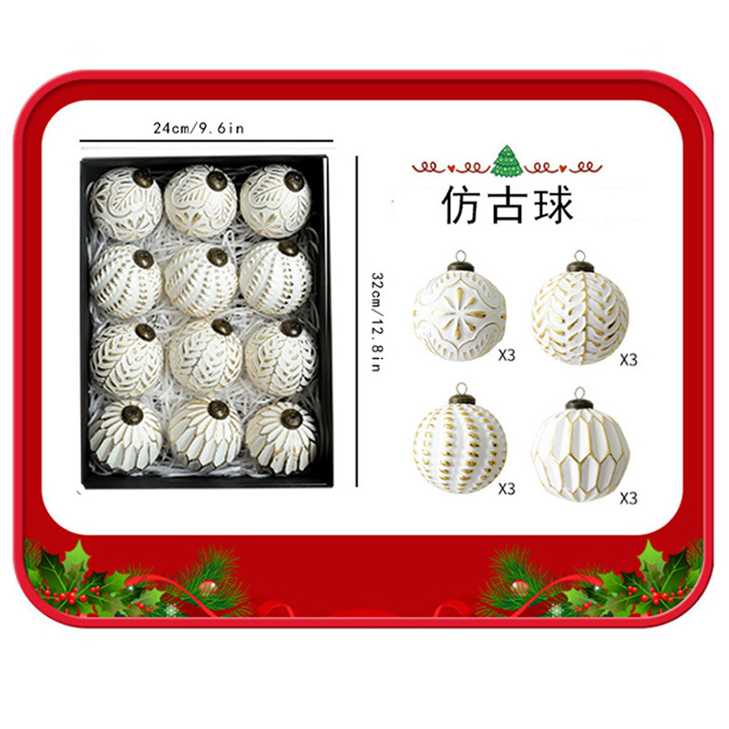Retro Kalėdinių kamuoliukų rinkinys, 12 vnt., plastikiniai papuošalai kabinami, Kalėdų stilius, pusiau rankinis ir pusiau mechaninis gamybos, įteisintas privatus ženklas