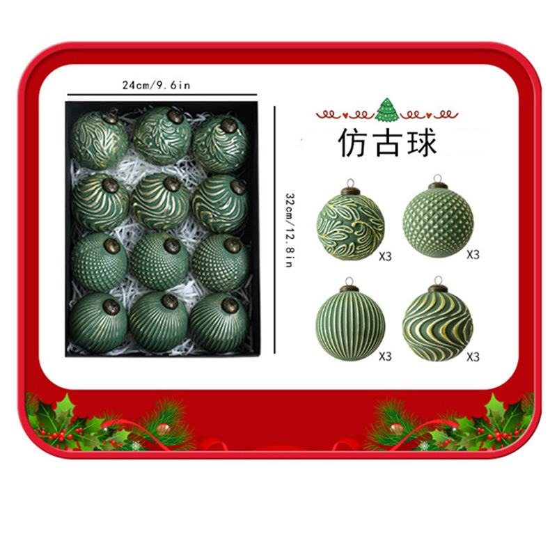 Retro Kalėdinių kamuoliukų rinkinys, 12 vnt., plastikiniai papuošalai kabinami, Kalėdų stilius, pusiau rankinis ir pusiau mechaninis gamybos, įteisintas privatus ženklas