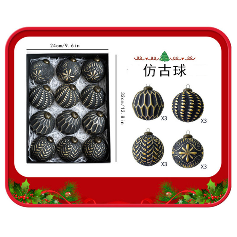 Retro Kalėdinių kamuoliukų rinkinys, 12 vnt., plastikiniai papuošalai kabinami, Kalėdų stilius, pusiau rankinis ir pusiau mechaninis gamybos, įteisintas privatus ženklas