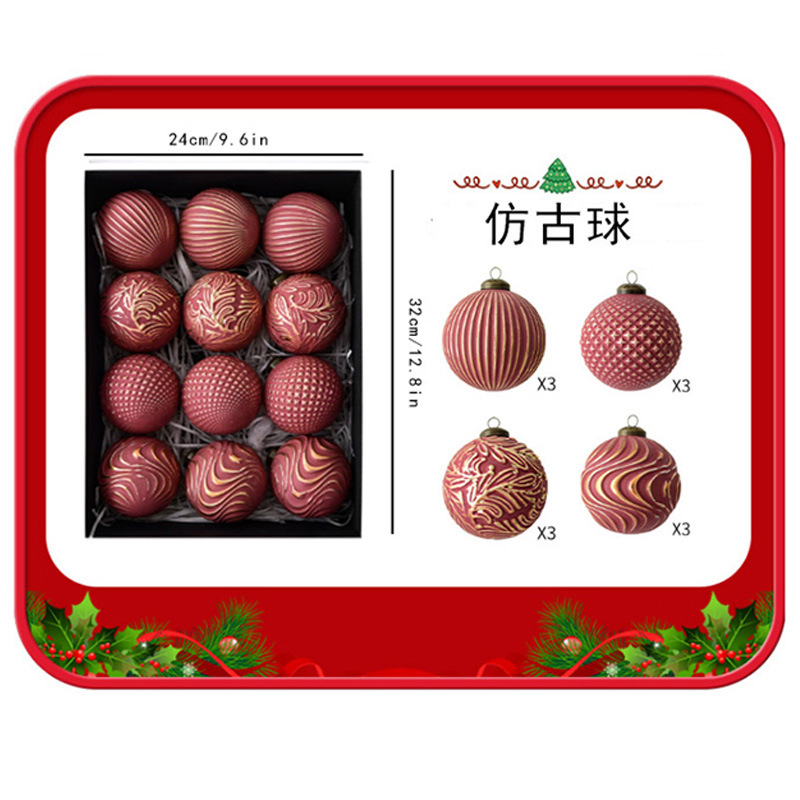 Retro Kalėdinių kamuoliukų rinkinys, 12 vnt., plastikiniai papuošalai kabinami, Kalėdų stilius, pusiau rankinis ir pusiau mechaninis gamybos, įteisintas privatus ženklas