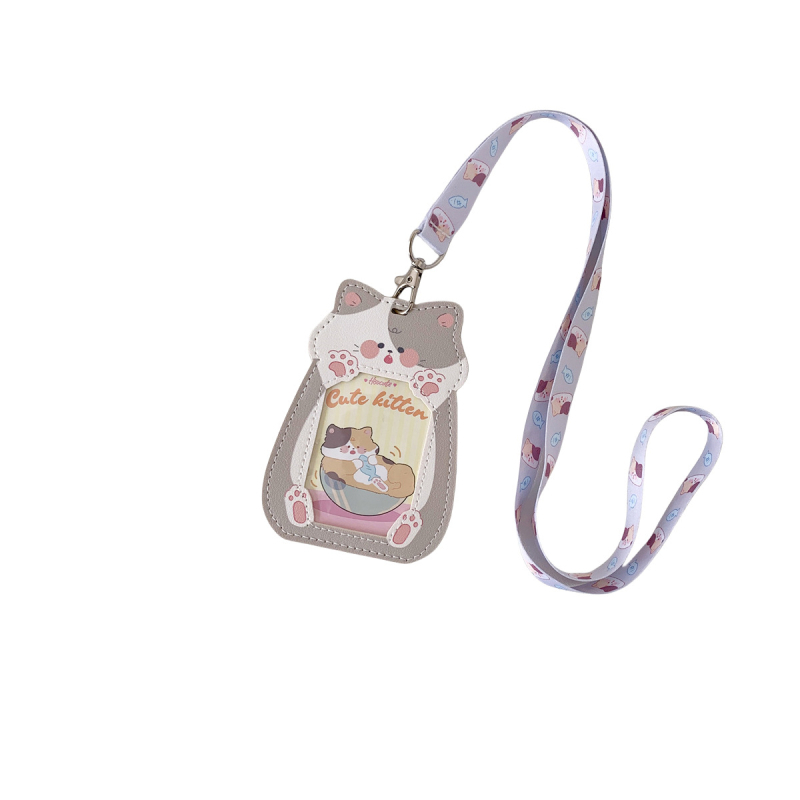 PU kartes turētājs – karikatūras stila, korejiešu dizains, aizsargājošs vāciņš ar siksniņu studentu kartēm (autobusam un ēdienkartēm), pret zudumu