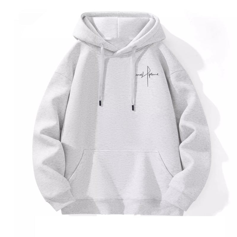 Kapucēts džemperis ar brīvu piegriezumu, augsta kakla, bieza poliestera audums (81–90%), trīsdimensiju kabata ar apdruku