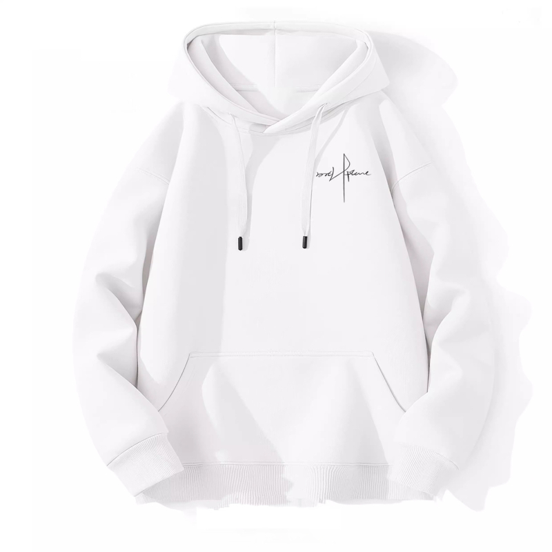 Kapucēts džemperis ar brīvu piegriezumu, augsta kakla, bieza poliestera audums (81–90%), trīsdimensiju kabata ar apdruku