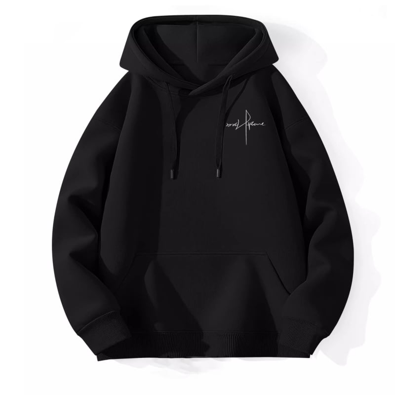 Kapucēts džemperis ar brīvu piegriezumu, augsta kakla, bieza poliestera audums (81–90%), trīsdimensiju kabata ar apdruku