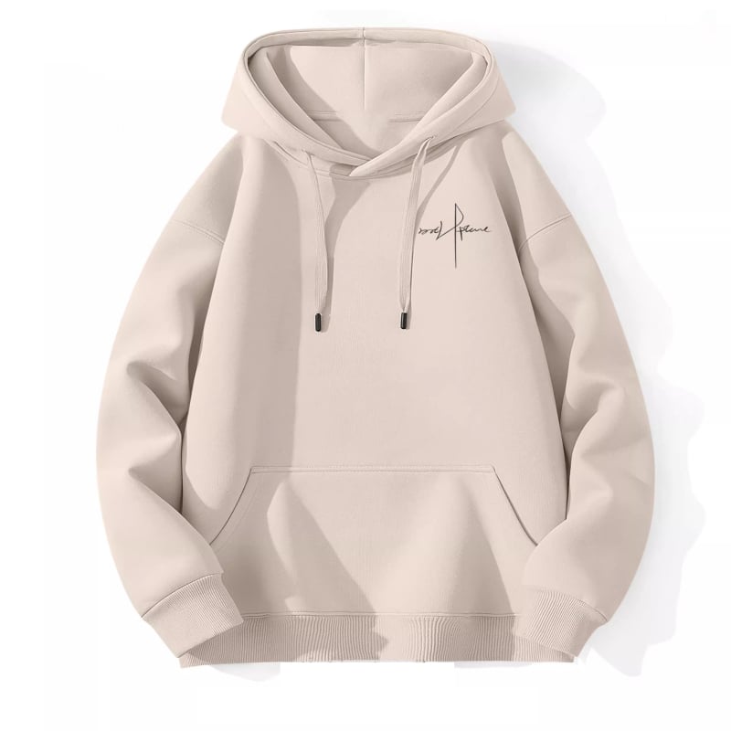 Kapucēts džemperis ar brīvu piegriezumu, augsta kakla, bieza poliestera audums (81–90%), trīsdimensiju kabata ar apdruku